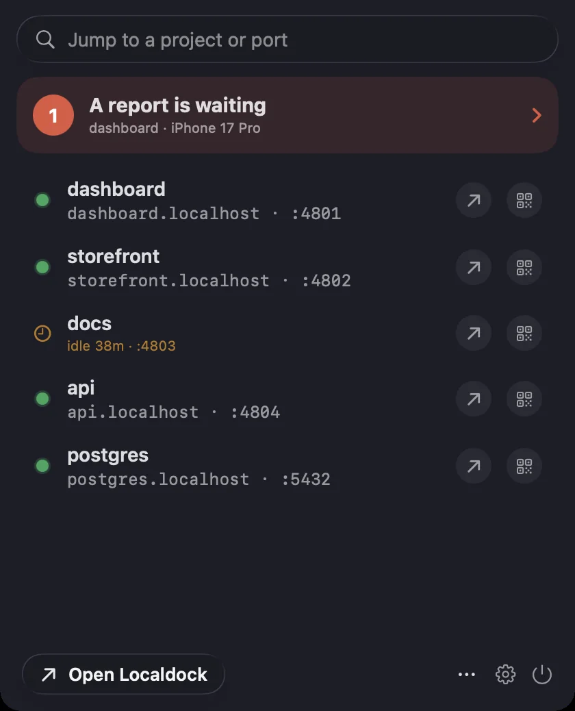 The Localdock menu bar panel listing five projects, each with an open-link and a QR code button, and a waiting report at the top.