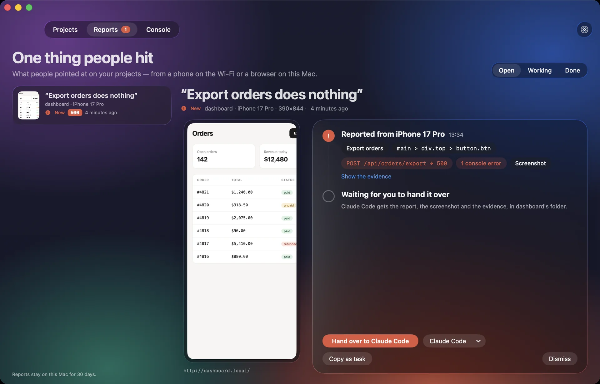 A report in Localdock: the screenshot from an iPhone, the element and the failed POST request, and a coral button to hand it over to Claude Code.