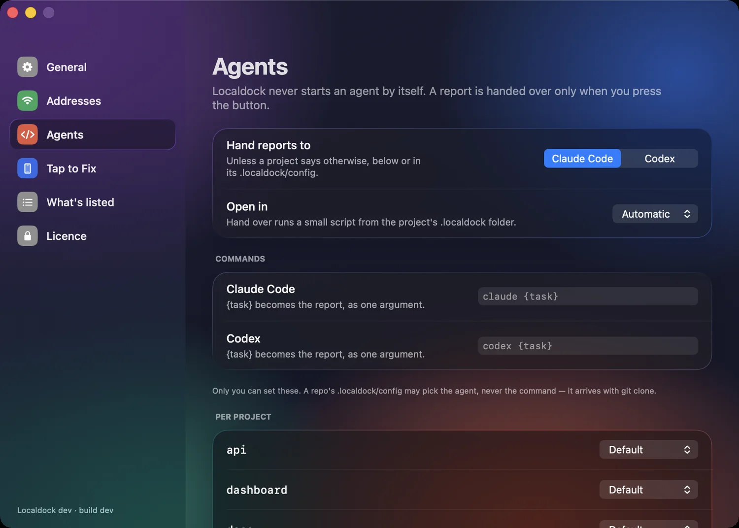 Localdock settings for agents: choose Claude Code or Codex, the terminal to open, and the command each runs.